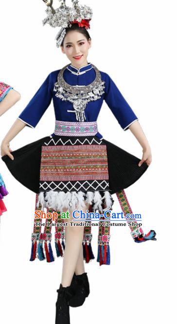 Chinese Hmong Ethnic Minority Royalblue Dress Traditional Miao Nationality Folk Dance Costumes for Women