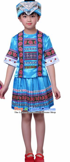 Chinese Traditional Yao Nationality Folk Dance Blue Dress Ethnic Dance Costumes for Kids