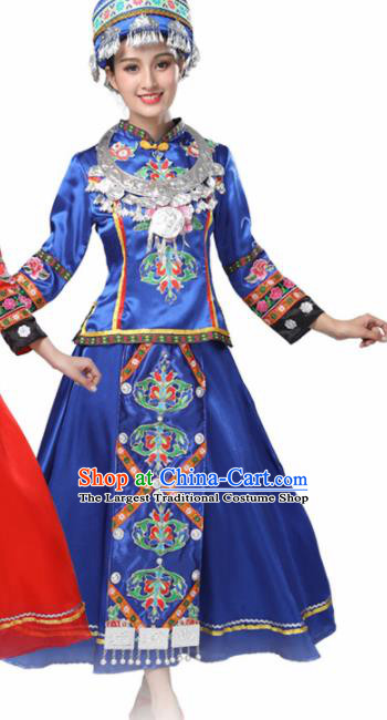 Chinese Hmong Ethnic Minority Royalblue Dress Traditional Dong Nationality Folk Dance Costumes for Women