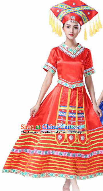 Chinese Ethnic Minority Red Dress Traditional Zhuang Nationality Folk Dance Costumes for Women