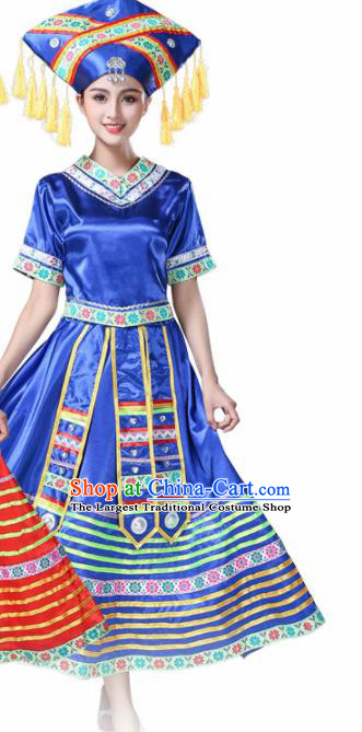 Chinese Ethnic Minority Blue Dress Traditional Zhuang Nationality Folk Dance Costumes for Women
