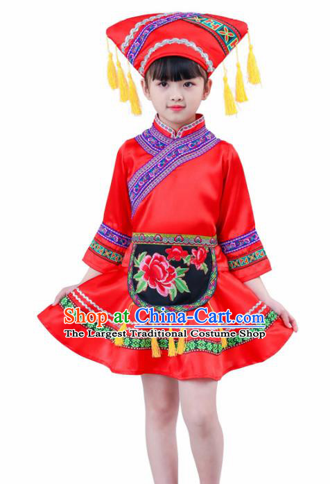 Chinese Traditional Zhuang Nationality Folk Dance Red Dress Ethnic Dance Costumes for Kids