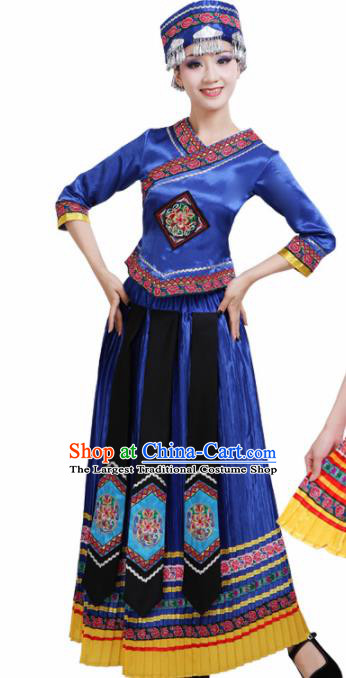 Chinese Yi Ethnic Minority Royalblue Embroidered Dress Traditional Zhuang Nationality Folk Dance Costumes for Women