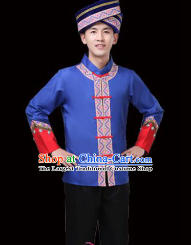 Chinese Traditional Miao Nationality Folk Dance Clothing Ethnic Dance Embroidered Blue Costumes for Men