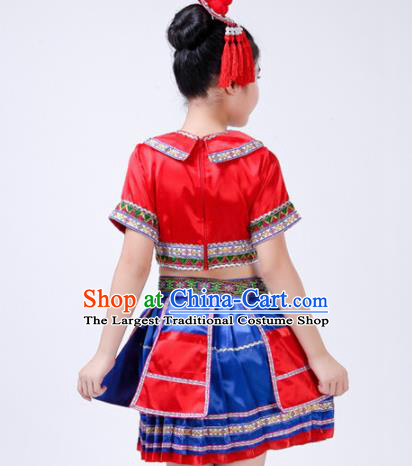 Chinese Traditional Yao Nationality Folk Dance Red Dress Ethnic Dance Costumes for Kids