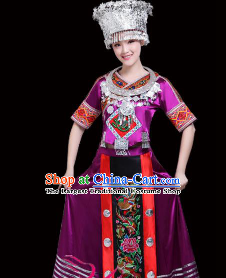 Chinese Miao Ethnic Minority Purple Embroidered Dress Traditional Nationality Folk Dance Costumes for Women