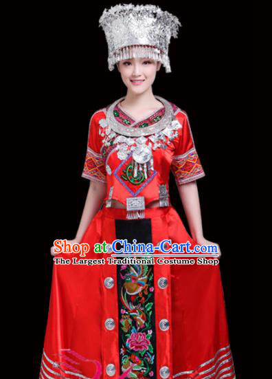 Chinese Miao Ethnic Minority Red Embroidered Dress Traditional Nationality Folk Dance Costumes for Women