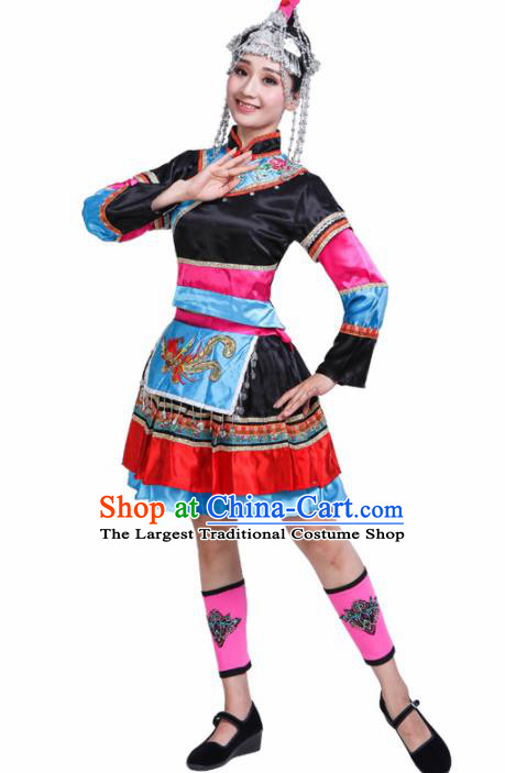 Chinese She Ethnic Minority Black Dress Traditional Nationality Folk Dance Costumes for Women