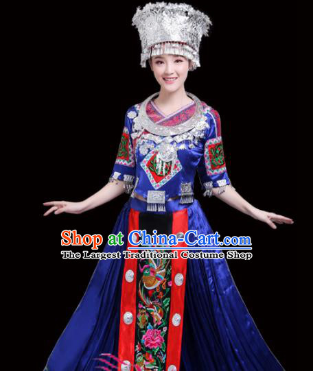Chinese Miao Ethnic Minority Royalblue Embroidered Dress Traditional Nationality Folk Dance Costumes for Women