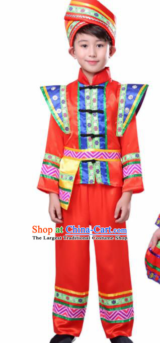Chinese Traditional Zhuang Minority Boy Folk Dance Clothing Ethnic Dance Red Costumes for Kids