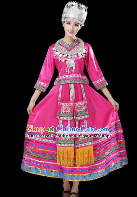 Chinese Hmong Ethnic Minority Pink Dress Traditional Miao Nationality Folk Dance Costumes for Women