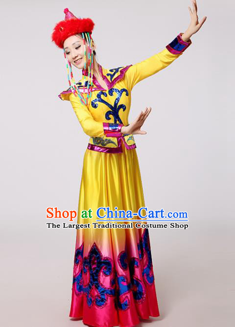 Chinese Traditional Mongolian Minority Folk Dance Yellow Dress Mongols Ethnic Dance Costumes for Women