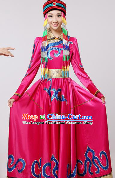 Chinese Traditional Mongolian Minority Folk Dance Rosy Dress Mongols Ethnic Dance Costumes for Women