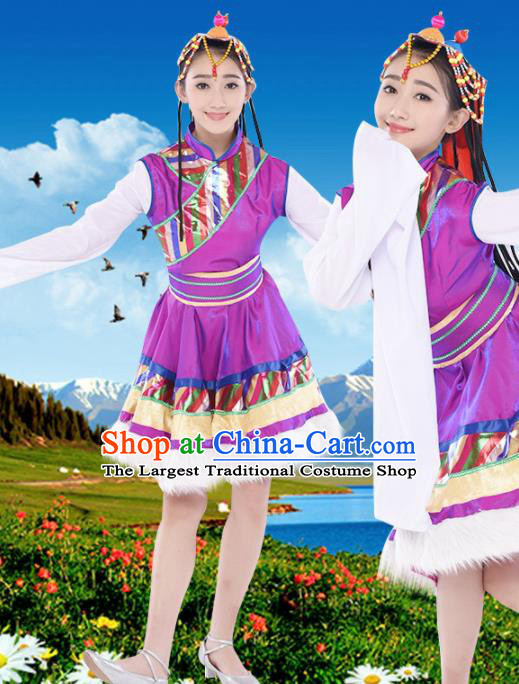 Chinese Traditional Zang Minority Purple Dress Tibetan Ethnic Folk Dance Costumes for Women