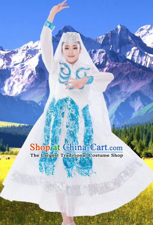 Chinese Traditional Hui Minority White Dress Ethnic Folk Dance Costumes for Women