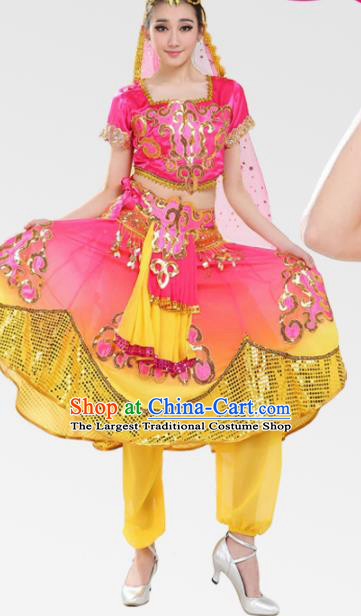 Chinese Traditional Uyghur Minority Pink Dress Uigurian Ethnic Folk Dance Costumes for Women