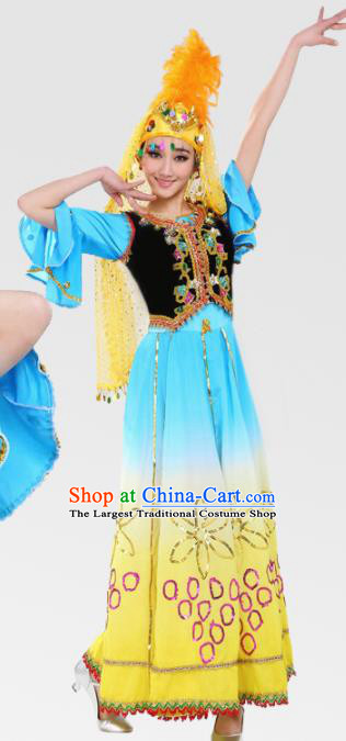 Chinese Traditional Uyghur Minority Blue Dress Uigurian Ethnic Folk Dance Costumes for Women