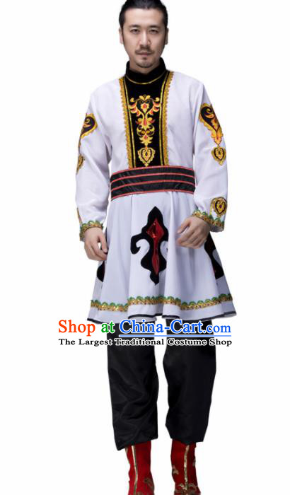 Chinese Traditional Mongolian Minority Folk Dance Clothing Mongol Ethnic Dance White Costumes for Men