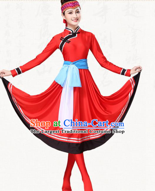 Chinese Traditional Mongol Minority Red Dress Ethnic Folk Dance Mongolian Costumes for Women