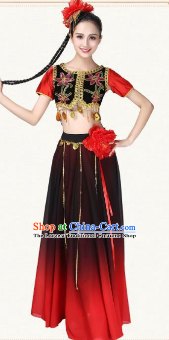 Chinese Traditional Uyghur Minority Dance Red Dress Uigurian Ethnic Folk Dance Costumes for Women