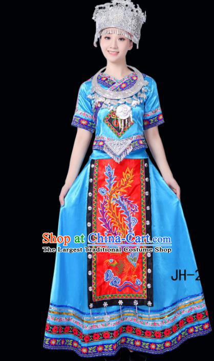Chinese Ethnic Minority Blue Dress Traditional Miao Nationality Folk Dance Costumes for Women