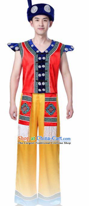 Chinese Traditional Zhuang Minority Folk Dance Clothing Ethnic Dance Red Costumes for Men