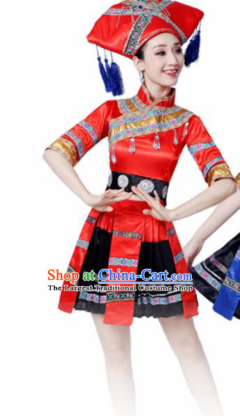 Chinese Ethnic Minority Embroidered Red Dress Traditional Zhuang Nationality Folk Dance Costumes for Women