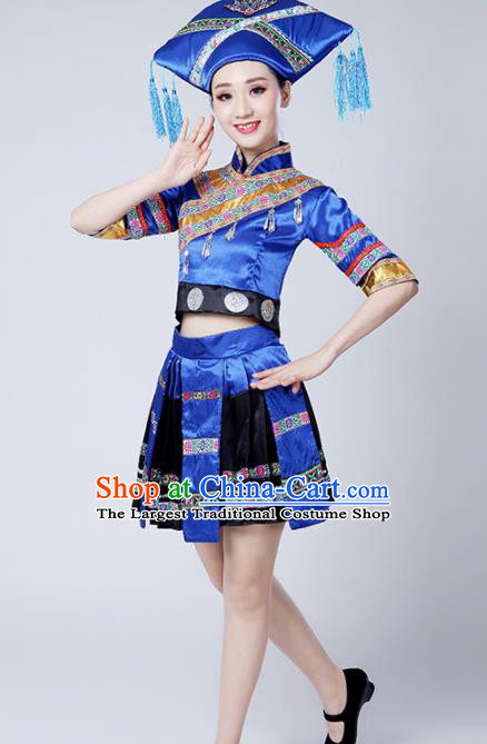 Chinese Ethnic Minority Embroidered Blue Dress Traditional Zhuang Nationality Folk Dance Costumes for Women