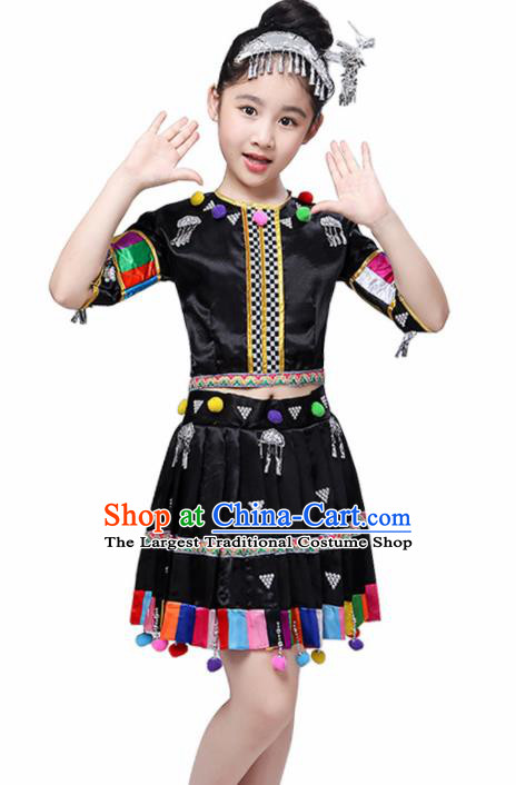 Chinese Traditional Dong Minority Folk Dance Clothing Ethnic Dance Black Dress for Kids