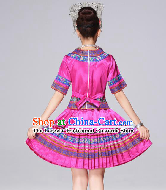 Chinese Miao Ethnic Minority Embroidered Rosy Short Dress Traditional Hmong Nationality Folk Dance Costumes for Women