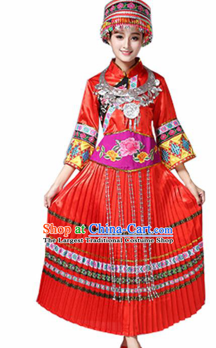 Chinese Miao Ethnic Embroidered Red Dress Traditional Hmong Nationality Folk Dance Costumes for Women
