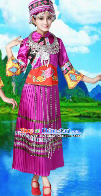 Chinese Miao Ethnic Embroidered Purple Dress Traditional Hmong Nationality Folk Dance Costumes for Women