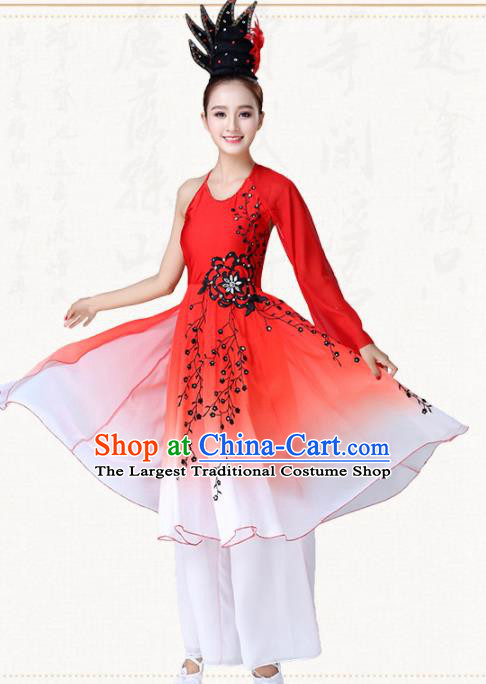 Traditional Chinese Classical Dance Umbrella Dance Red Dress Group Dance Costumes for Women