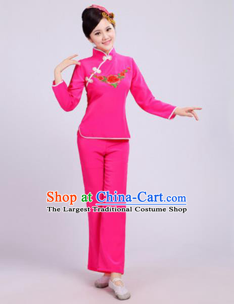 Traditional Chinese Folk Dance Fan Dance Costumes Yanko Dance Group Dance Pink Clothing for Women