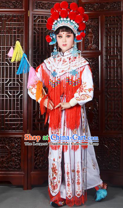 Traditional Chinese Peking Opera Blues Costumes Ancient Female General White Dress and Hat for Adults