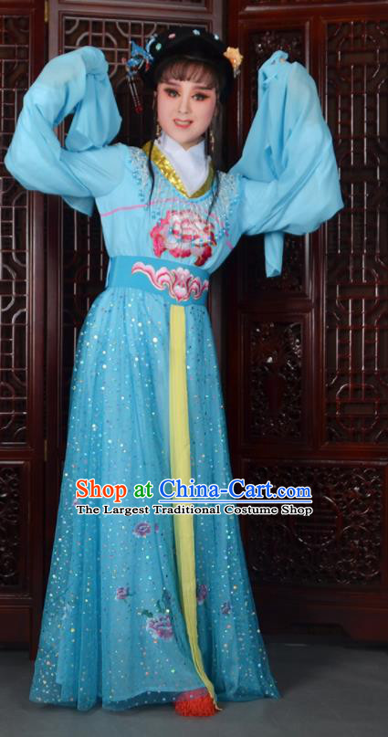 Chinese Ancient Peri Princess Embroidered Blue Dress Traditional Peking Opera Actress Costumes for Adults