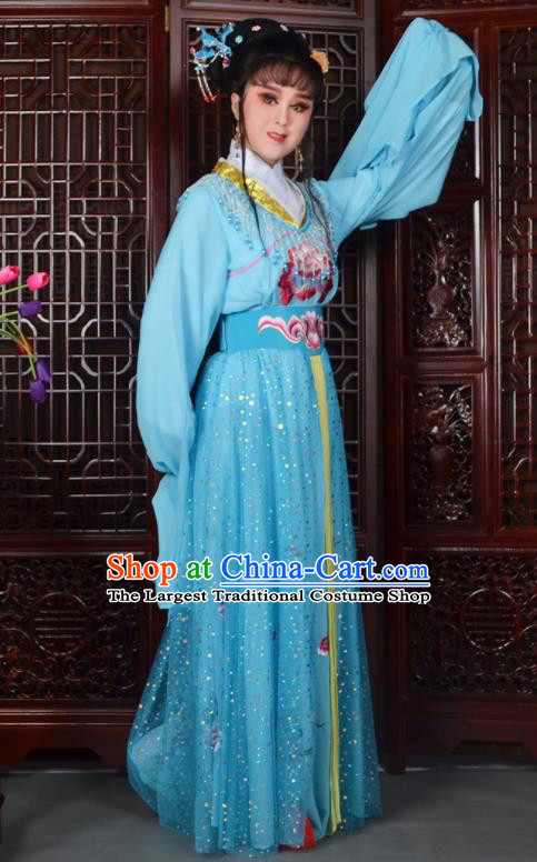Chinese Ancient Peri Princess Embroidered Blue Dress Traditional Peking Opera Actress Costumes for Adults