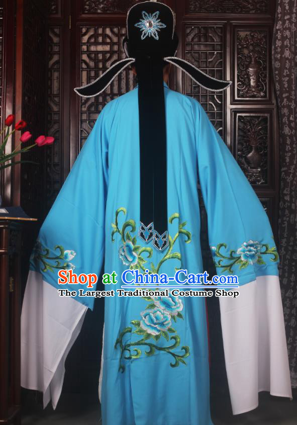 Top Grade Chinese Beijing Opera Scholar Costumes Peking Opera Niche Embroidered Blue Clothing for Adults