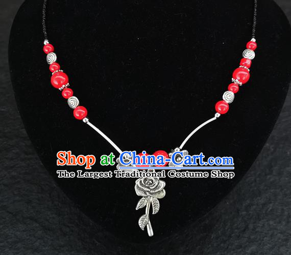 Chinese Traditional Jewelry Accessories Yunnan National Rose Pendant Red Beads Flagon Necklace for Women