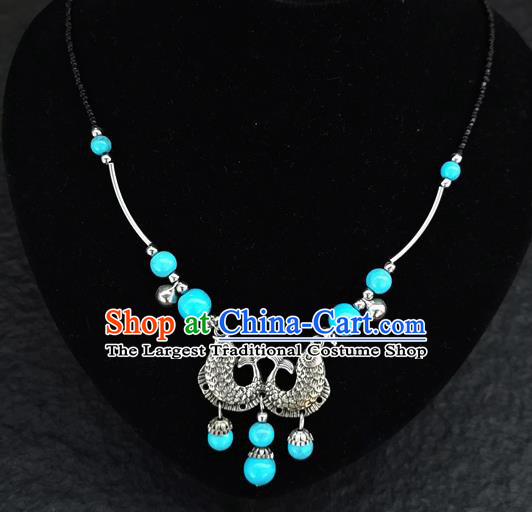 Chinese Traditional Jewelry Accessories Yunnan National Double Fish Blue Beads Minority Necklace for Women