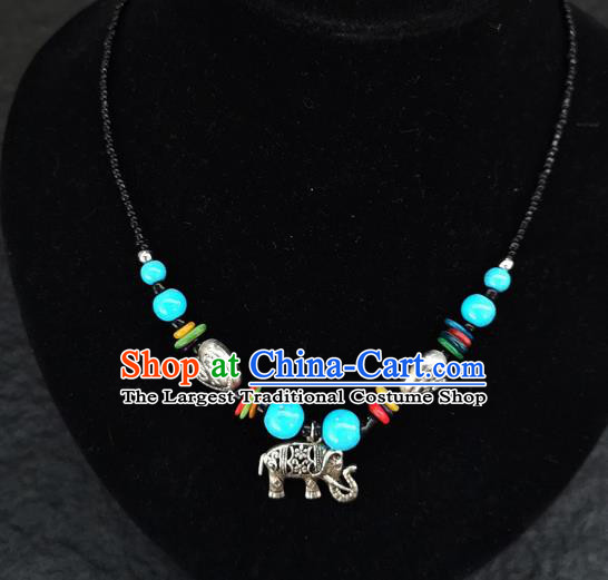 Chinese Traditional Jewelry Accessories Yunnan National Blue Beads Elephant Minority Necklace for Women