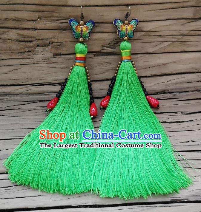 Chinese Traditional Embroidered Butterfly Earrings Yunnan National Green Tassel Eardrop for Women