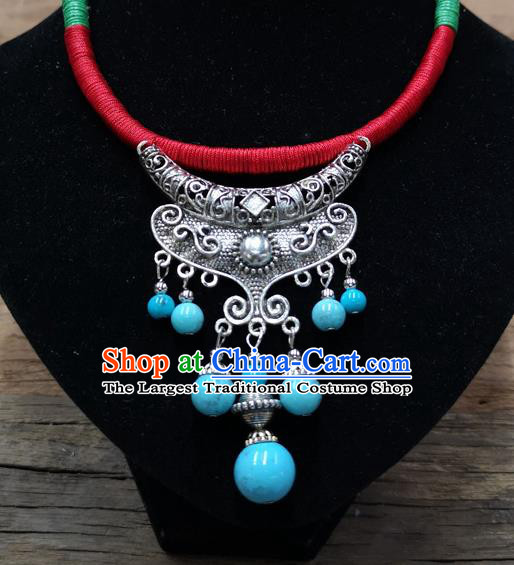 Chinese Traditional Jewelry Accessories Yunnan Minority Sliver Blue Beads Tassel Necklace for Women