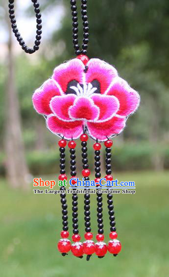 Chinese Traditional Jewelry Accessories Yunnan Minority Embroidered Rosy Peony Tassel Necklace for Women