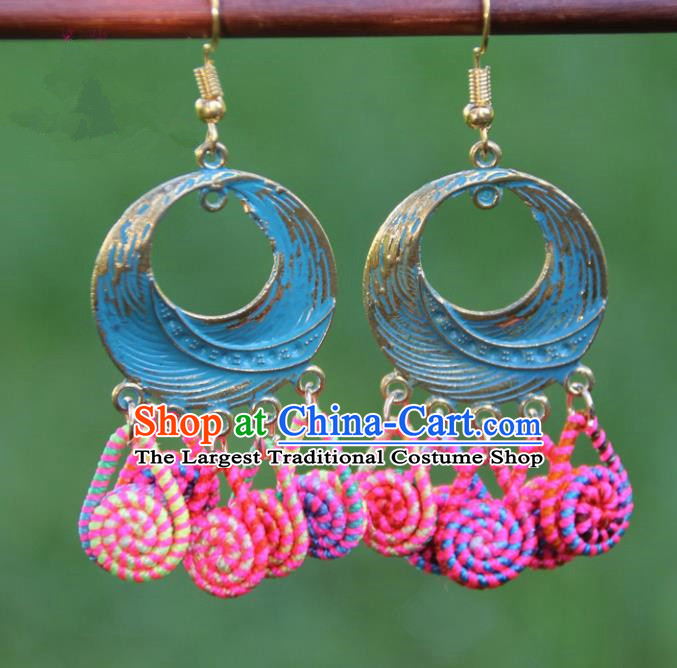 Chinese Traditional Brass Earrings Yunnan National Minority Colorful Tassel Eardrop for Women