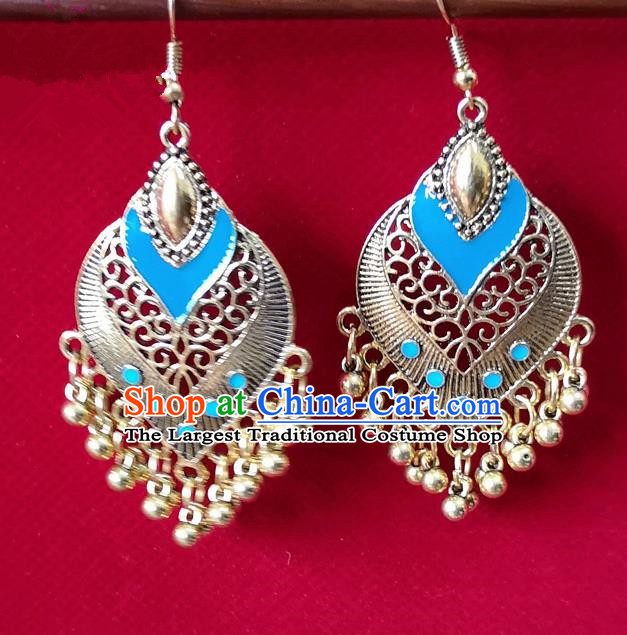 Chinese Traditional Bells Tassel Earrings Yunnan National Minority Light Blue Inlay Ear Accessories for Women