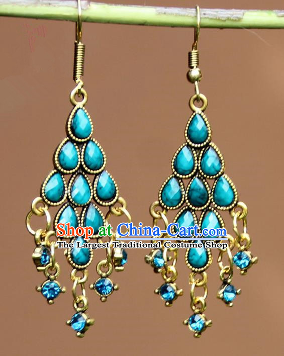 Chinese Traditional Blue Crystal Earrings Yunnan National Minority Ear Accessories for Women