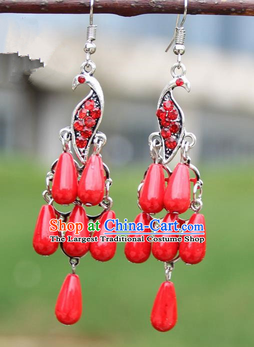 Chinese Traditional Red Peacock Tassel Earrings Yunnan National Minority Ear Accessories for Women