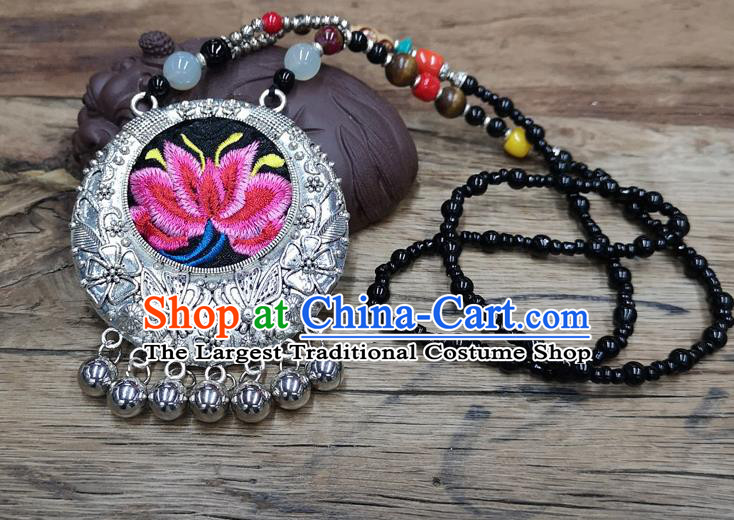 Chinese Traditional Jewelry Accessories Yunnan Miao Minority Embroidered Pink Lotus Necklace for Women