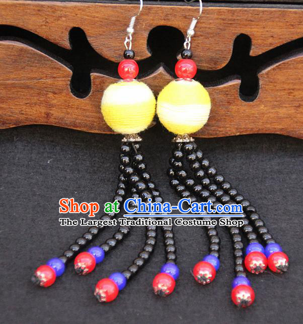Chinese Traditional Ethnic Beads Tassel Yellow Venonat Earrings National Ear Accessories for Women